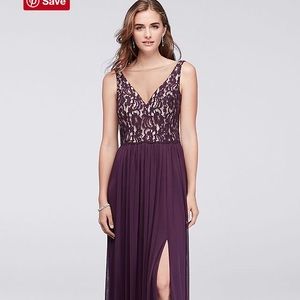 Long V-Neck Lace & Mesh Bridesmaid Dress-DB “Plum”